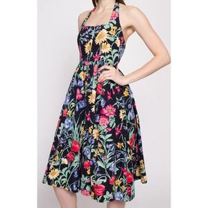Vintage Together! Black Colorful Halter Midi Dress 4 Petite Floral Pockets EUC